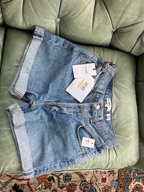 Re/Done Two-Tone Light Blue Denim Rolled Hem Shorts
